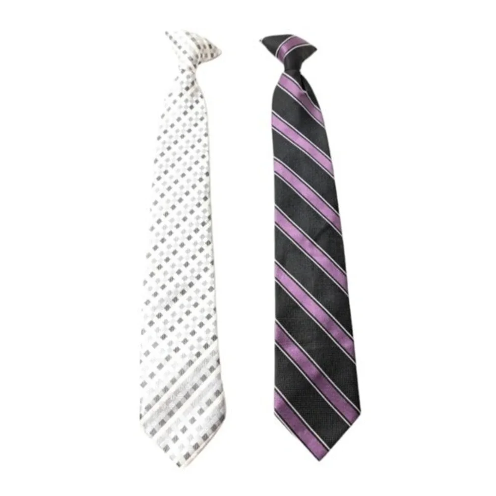 LOT OF 2 Boys Clip Tie Purple, Black, Stripes & Silver, Black, & Gray
